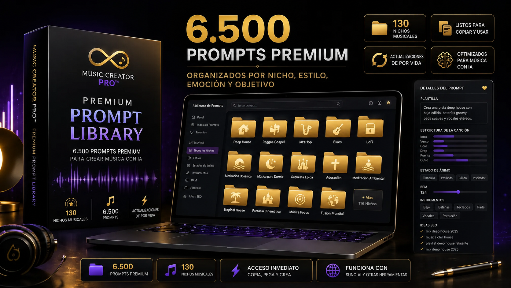 Biblioteca Music Creator Pro con 6.500 prompts y 130 nichos musicales